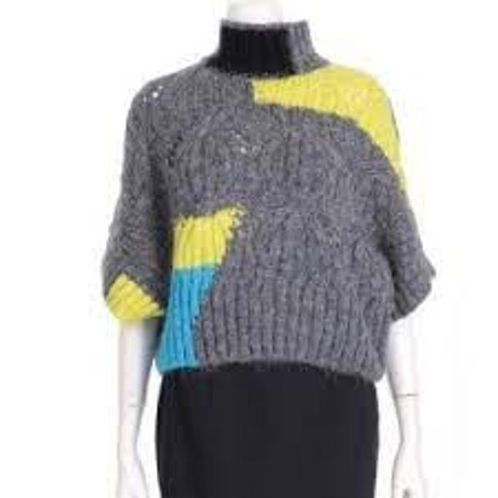 Zara Gray Colorblock Cable Knit Mock Neck Poncho Sweater Size Medium - Picture 3 of 9